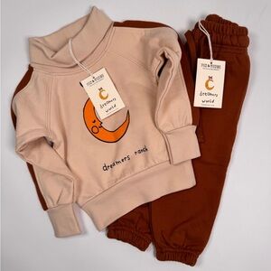 Fin & Vince NWT Dreamers Ranch 6-12m  Sweatshirt and Joggers - Cream and Brown